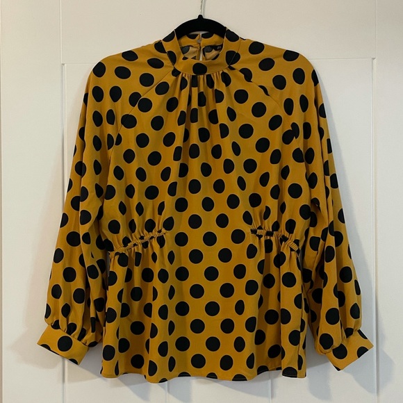 Zara High Neck Mustard & Black Polka Dot Blouse- Small - Picture 4 of 6